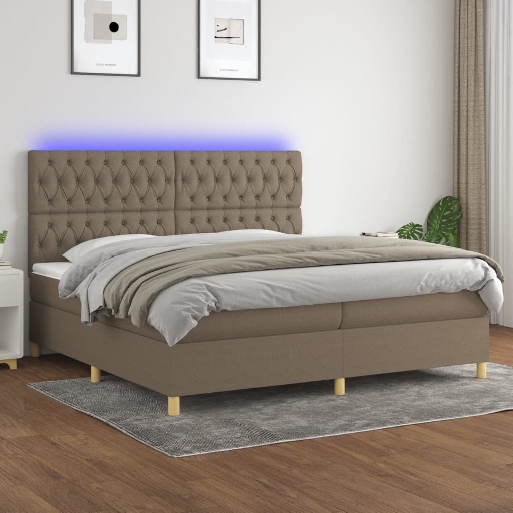 Boxspring met matras en LED stof taupe 200x200 cm – afbeelding 1