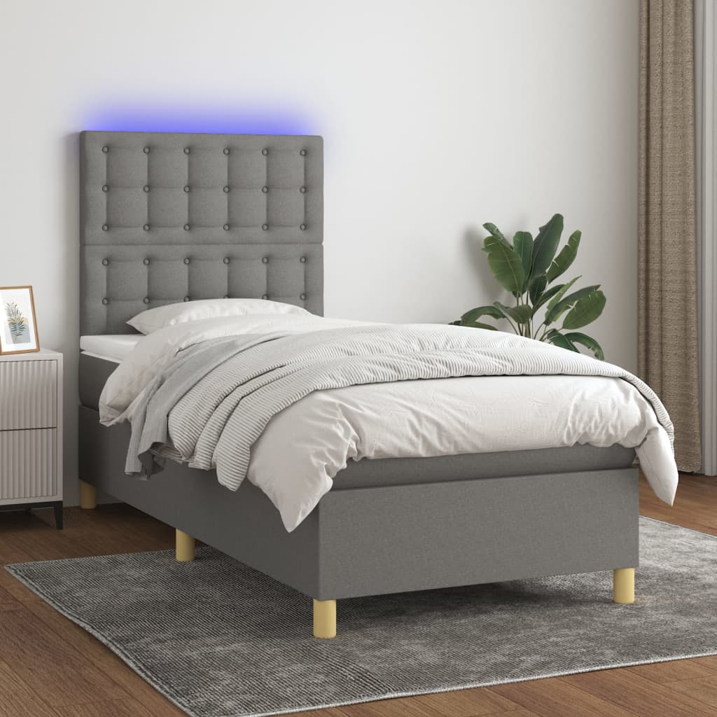Boxspring met matras en LED stof donkergrijs 90x200 cm – afbeelding 1