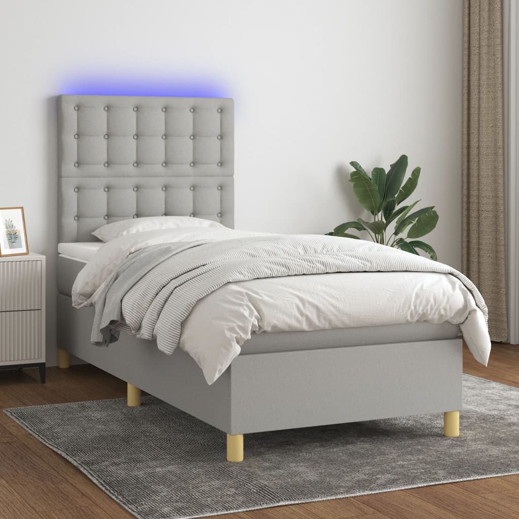 Boxspring met matras en LED stof lichtgrijs 100x200 cm – afbeelding 1