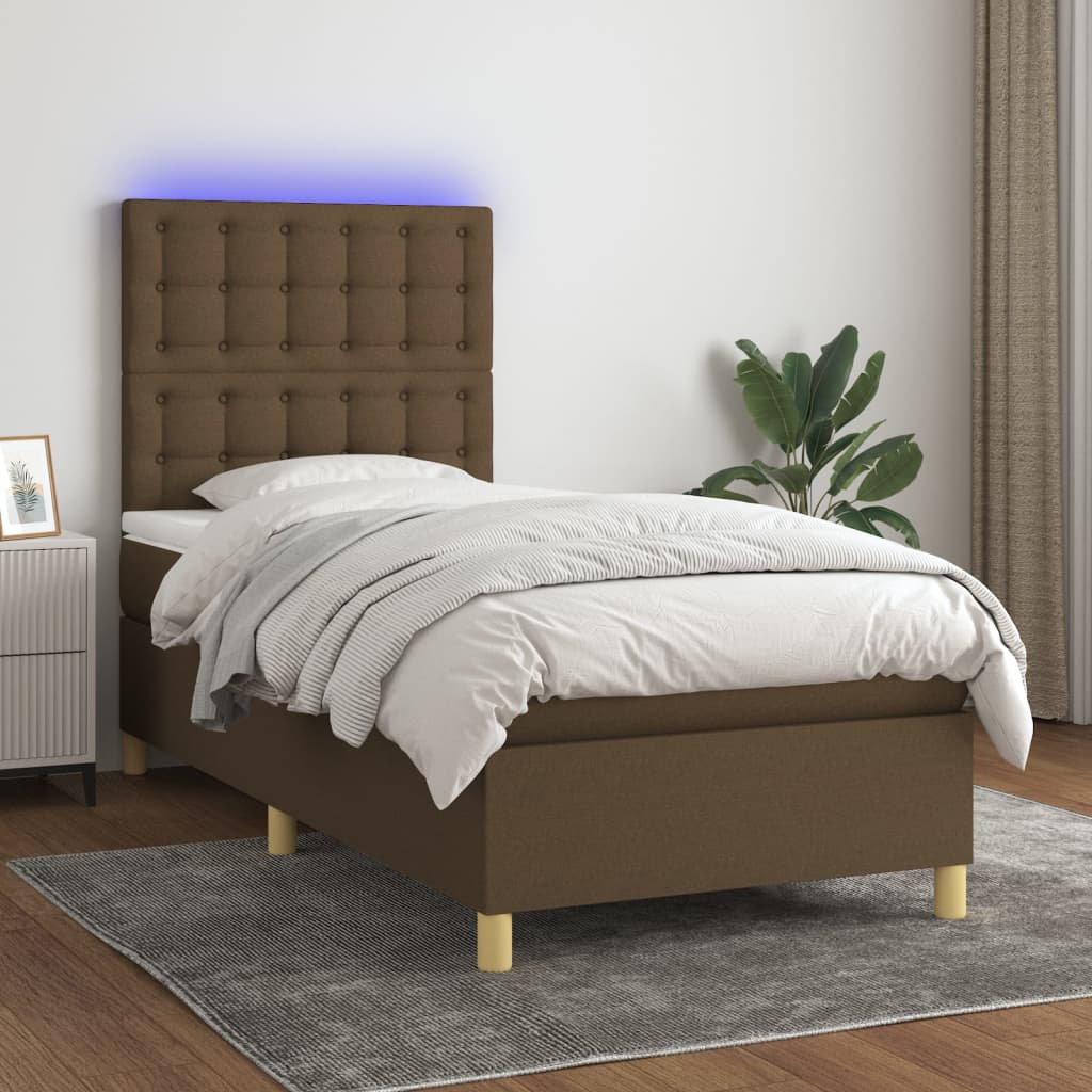 Boxspring met matras en LED stof donkerbruin 100x200 cm – afbeelding 1