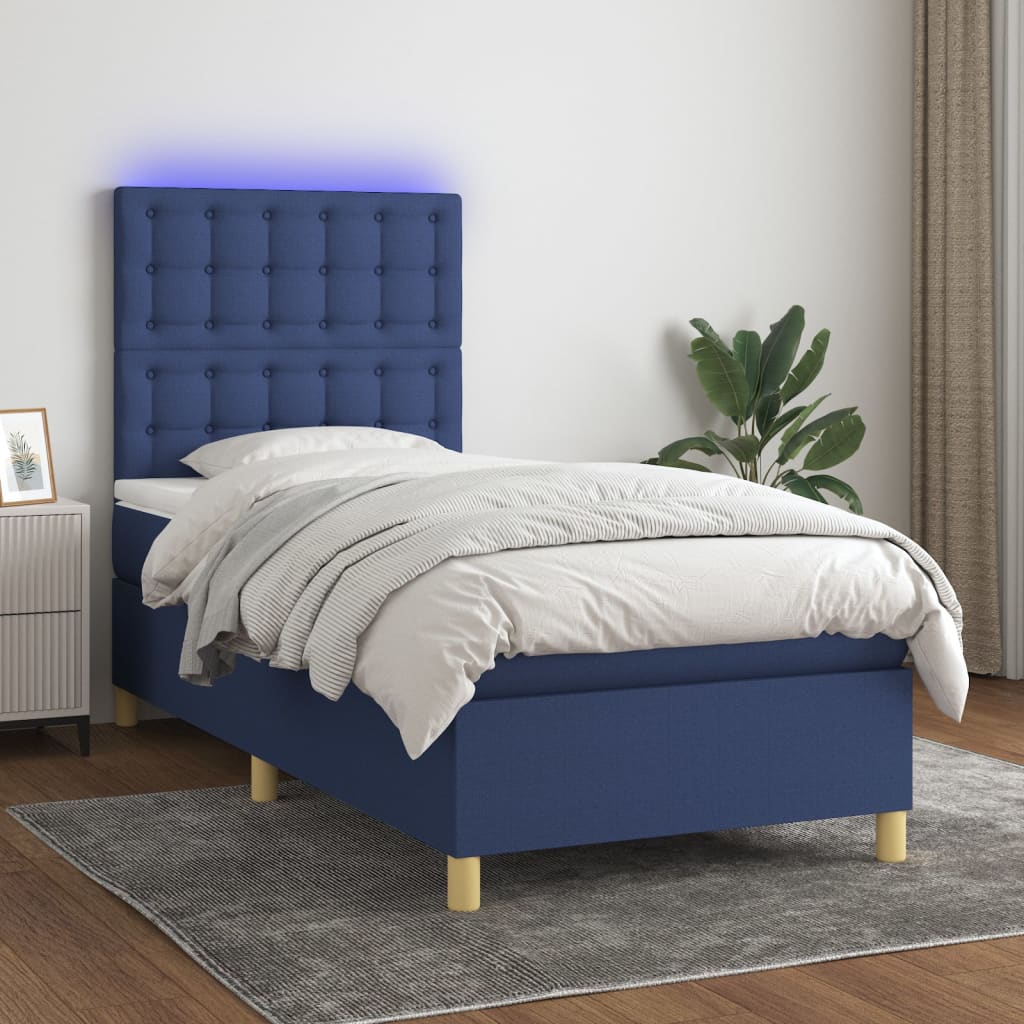 Boxspring met matras en LED stof blauw 100x200 cm – afbeelding 1