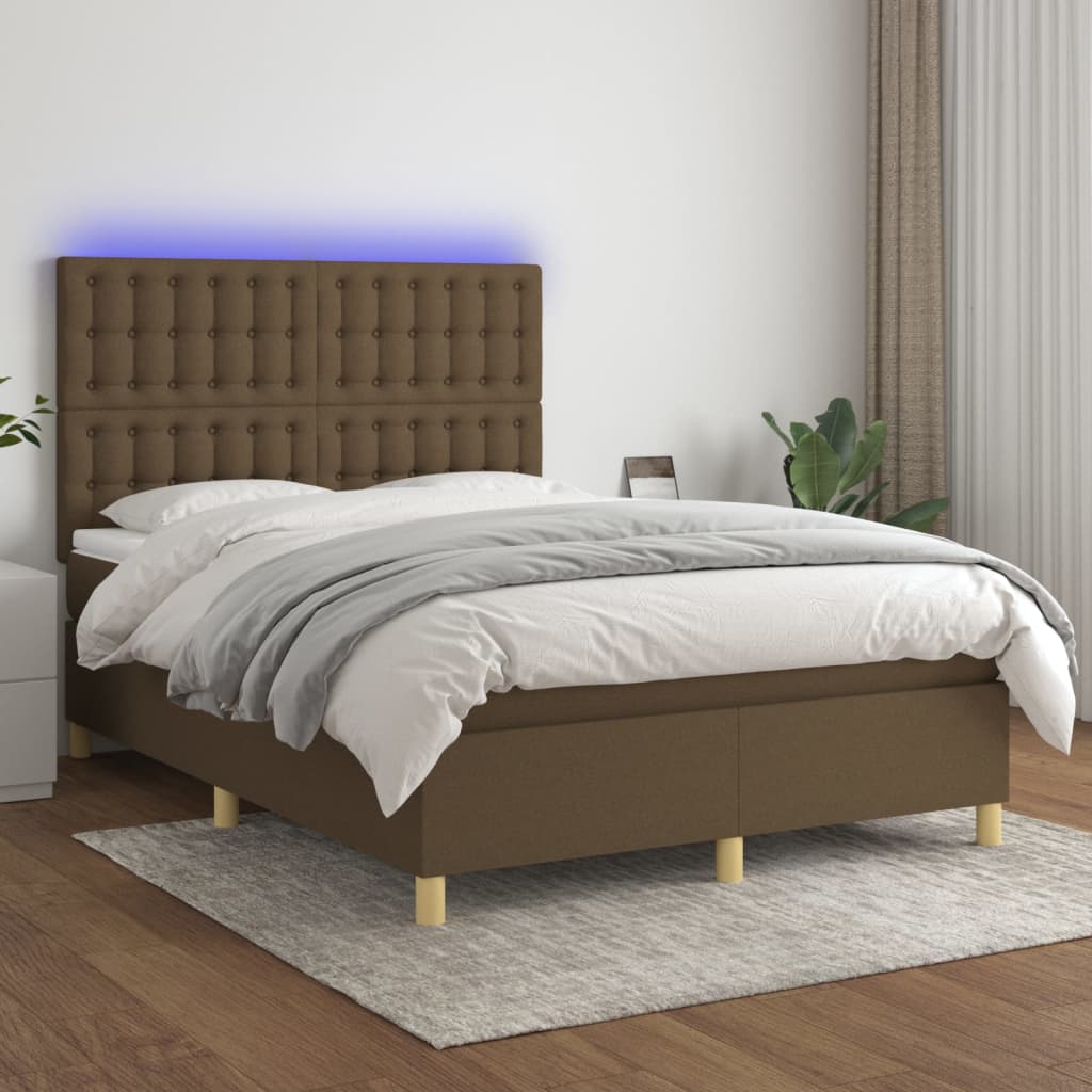 Boxspring met matras en LED stof donkerbruin 140x190 cm – afbeelding 1