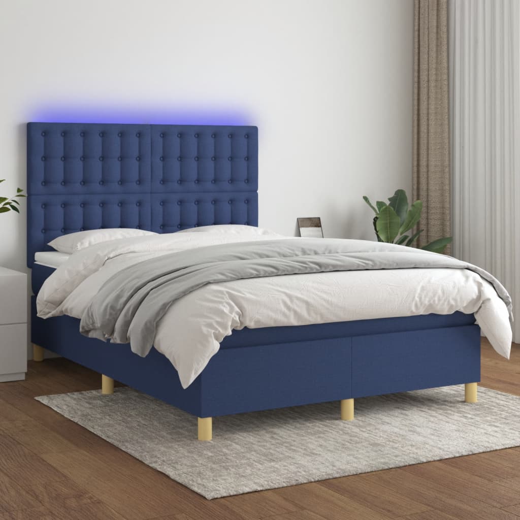 Boxspring met matras en LED stof blauw 140x200 cm – afbeelding 1