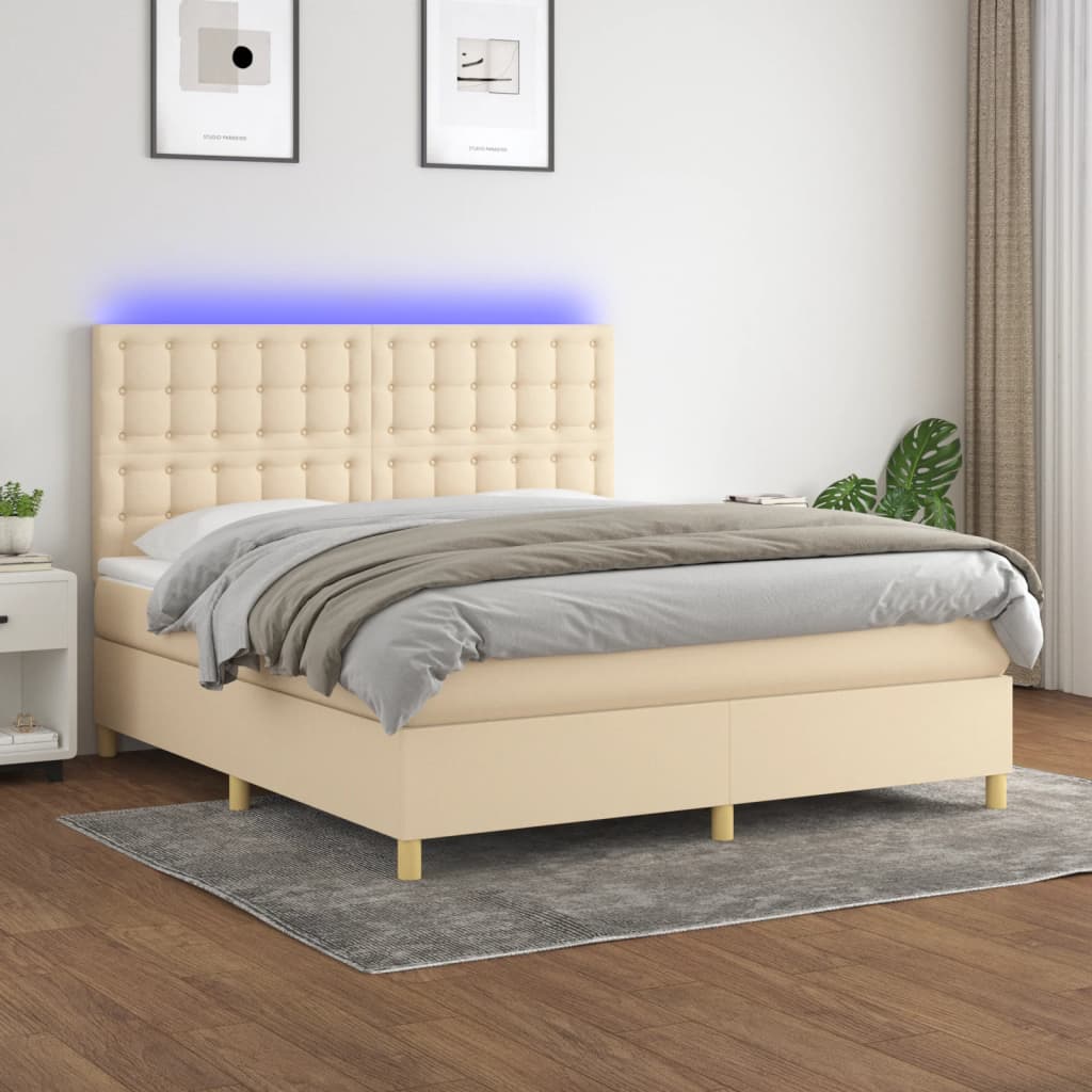 Boxspring met matras en LED stof crèmekleurig 160x200 cm – afbeelding 1