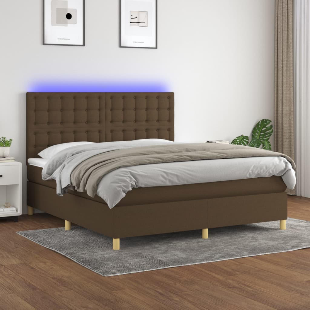 Boxspring met matras en LED stof donkerbruin 180x200 cm – afbeelding 1