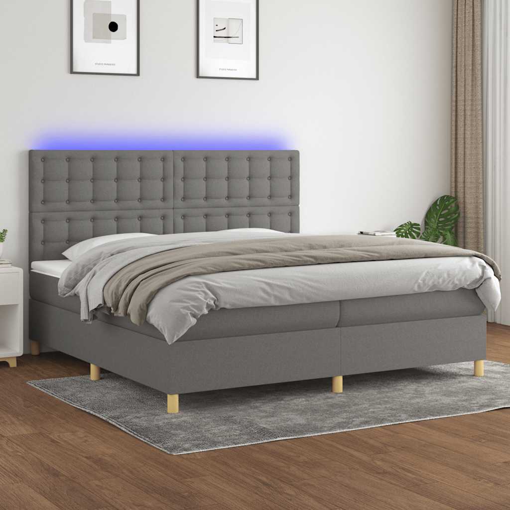 Boxspring met matras en LED stof donkergrijs 200x200 cm – afbeelding 1