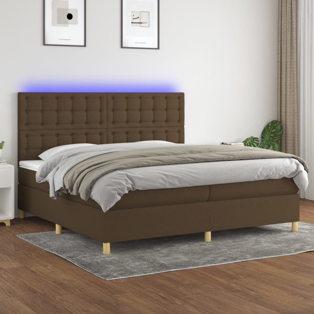 Boxspring met matras en LED stof donkerbruin 200x200 cm – afbeelding 1