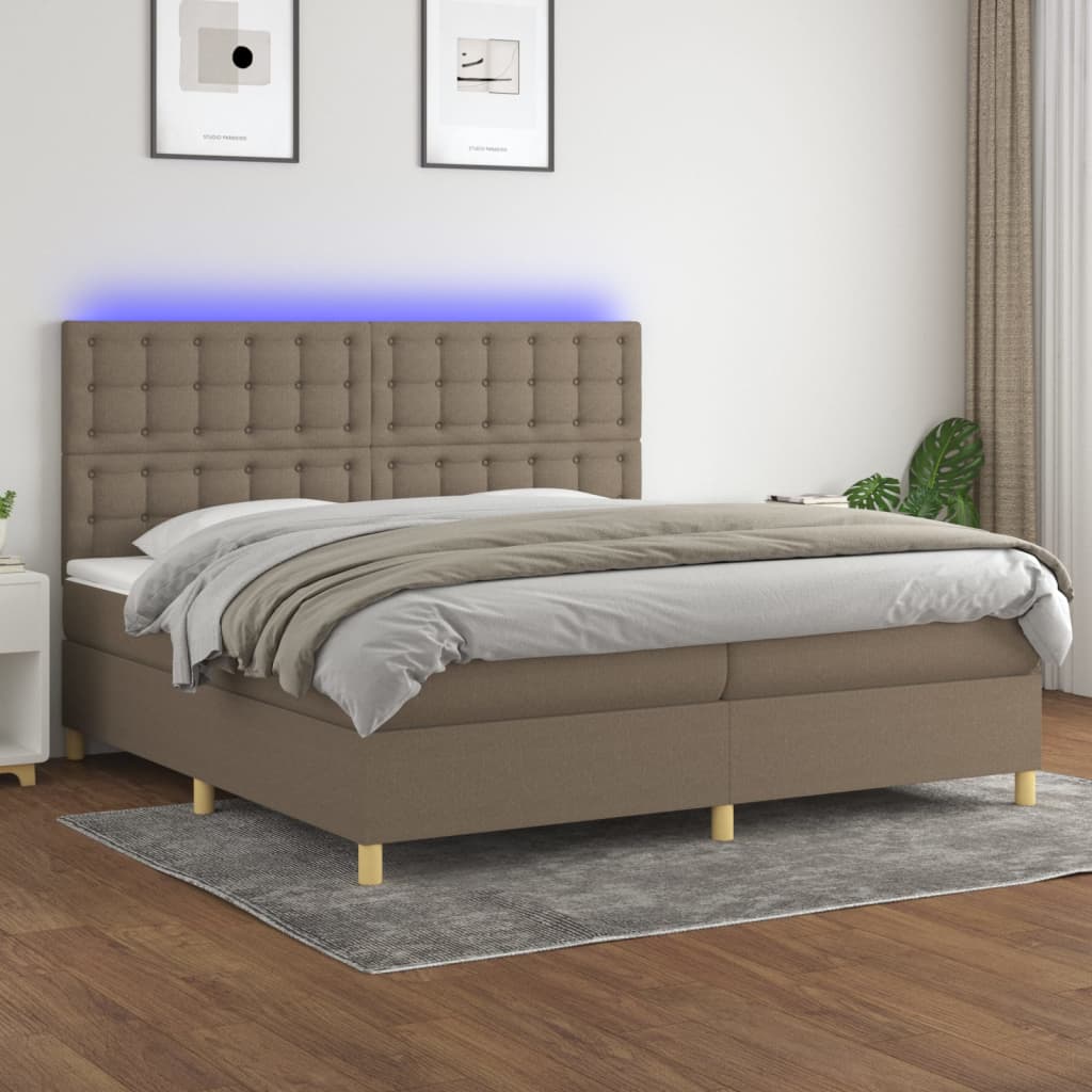Boxspring met matras en LED stof taupe 200x200 cm – afbeelding 1
