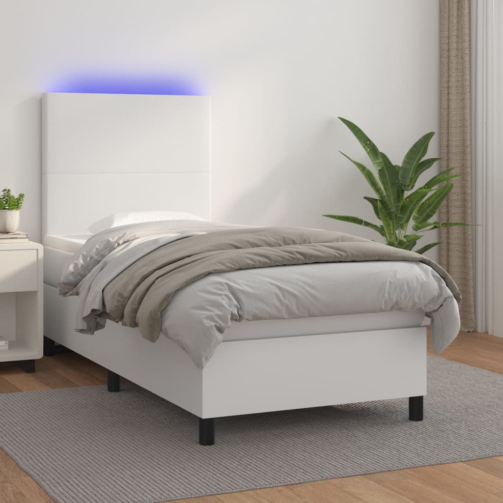 Boxspring met matras en LED kunstleer wit 90x190 cm – afbeelding 1