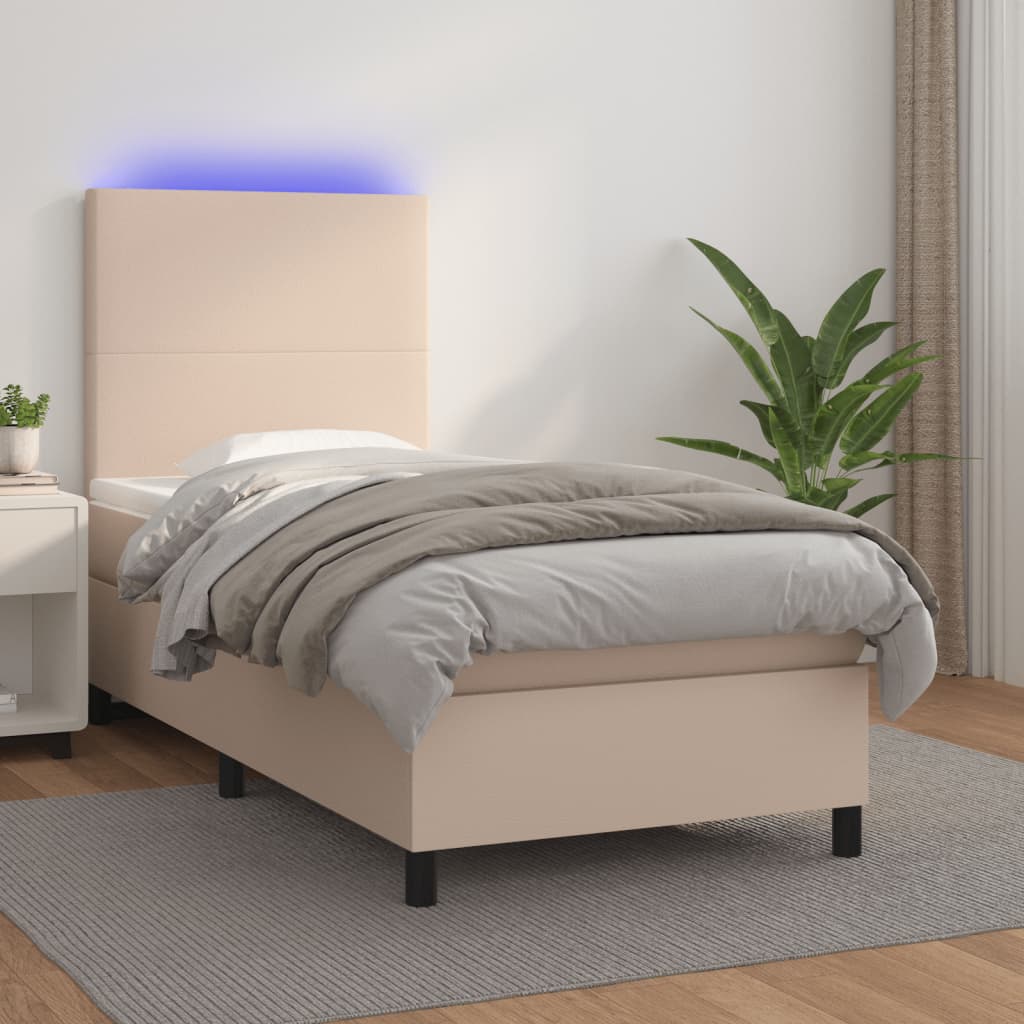 Boxspring met matras en LED kunstleer cappuccinokleur 90x190 cm – afbeelding 1