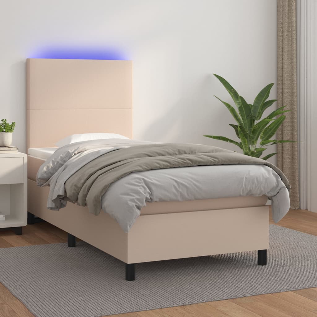 Boxspring met matras en LED kunstleer cappuccinokleur 100x200cm – afbeelding 1