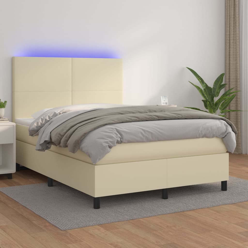 Boxspring met matras en LED kunstleer crèmekleurig 140x190 cm – afbeelding 1