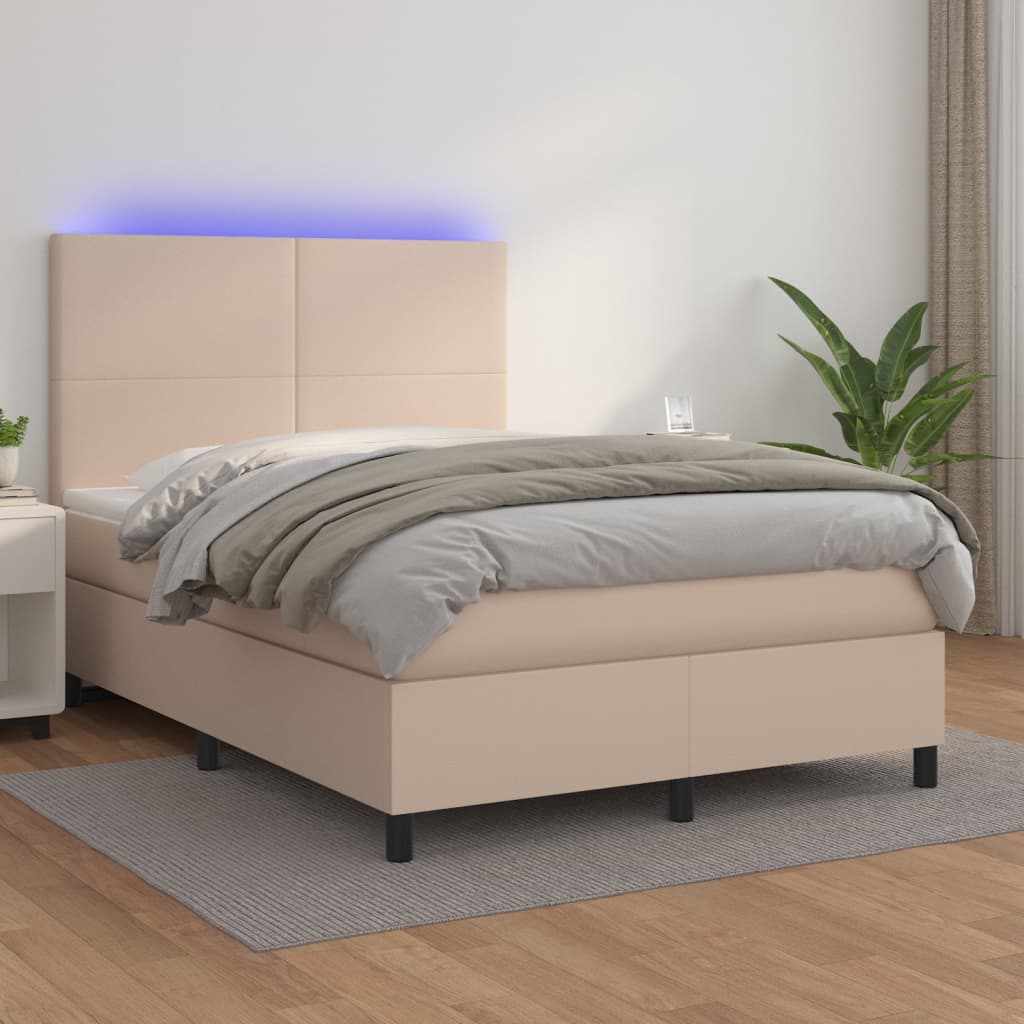 Boxspring met matras en LED kunstleer cappuccinokleur 140x200cm – afbeelding 1