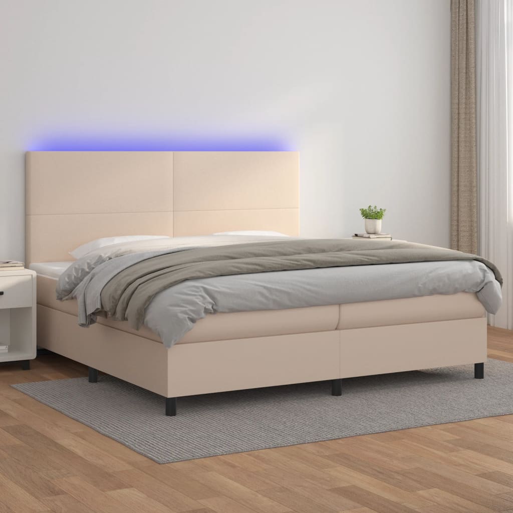 Boxspring met matras en LED kunstleer cappuccinokleur 200x200cm – afbeelding 1