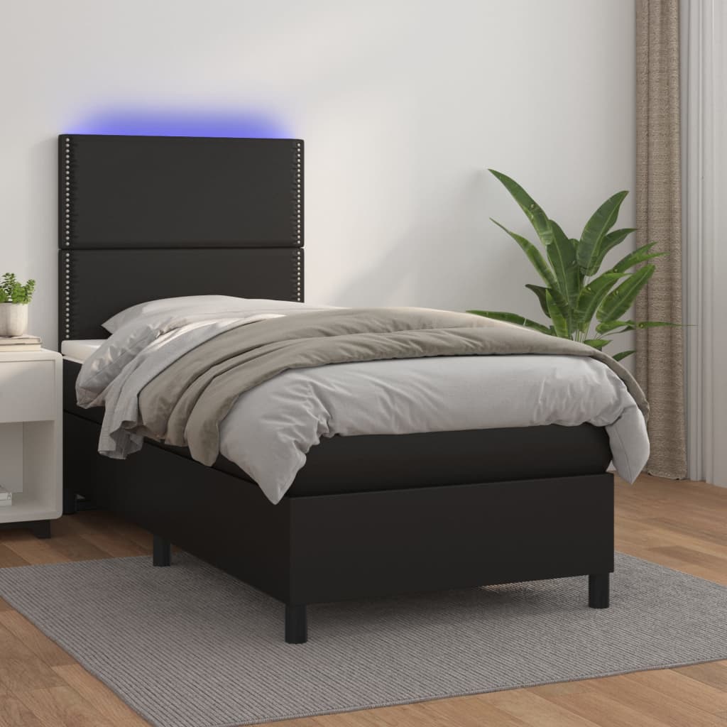Boxspring met matras en LED kunstleer zwart 90x200 cm – afbeelding 1