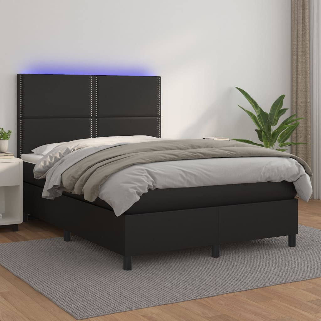 Boxspring met matras en LED kunstleer zwart 140x190 cm – afbeelding 1