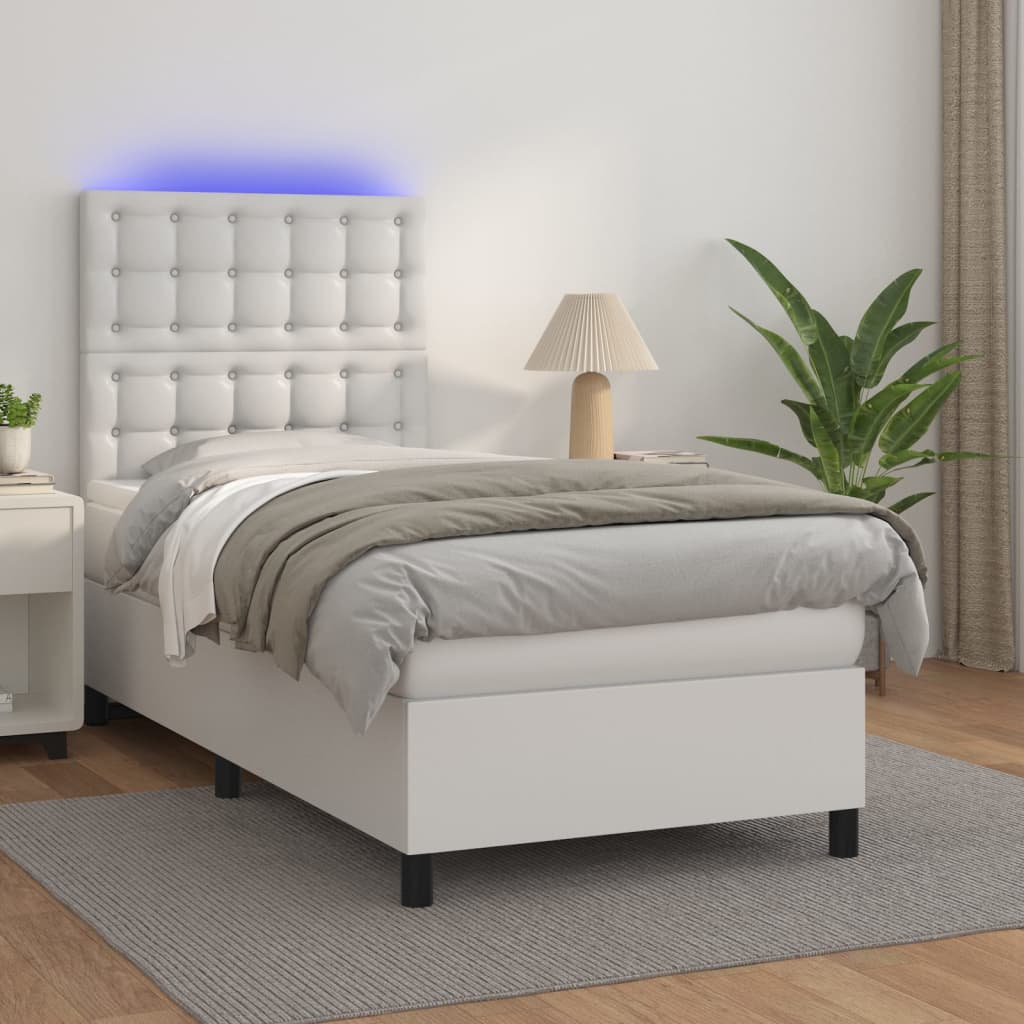 Boxspring met matras en LED kunstleer wit 90x190 cm – afbeelding 1