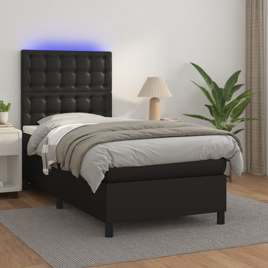 Boxspring met matras en LED kunstleer zwart 90x200 cm – afbeelding 1