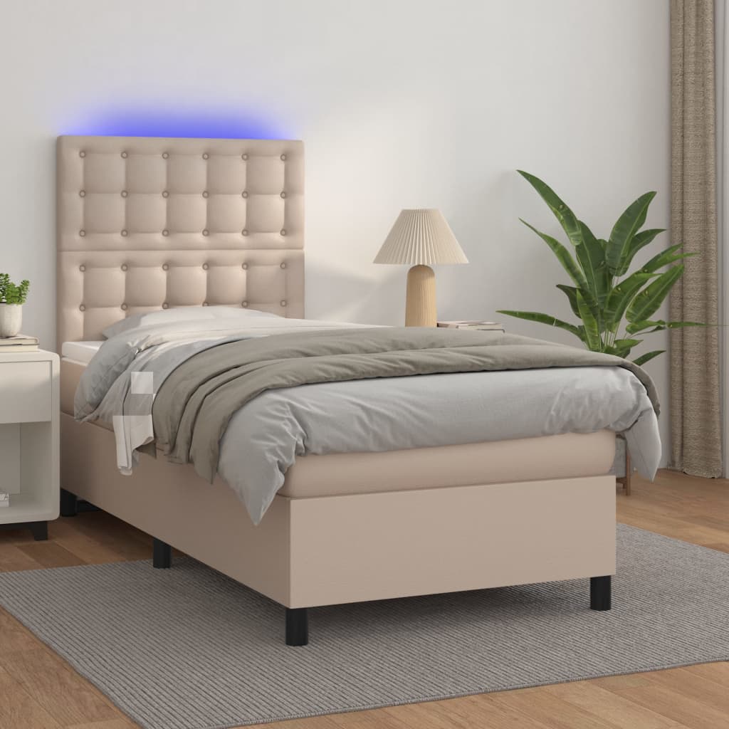 Boxspring met matras en LED kunstleer cappuccinokleur 90x200 cm – afbeelding 1