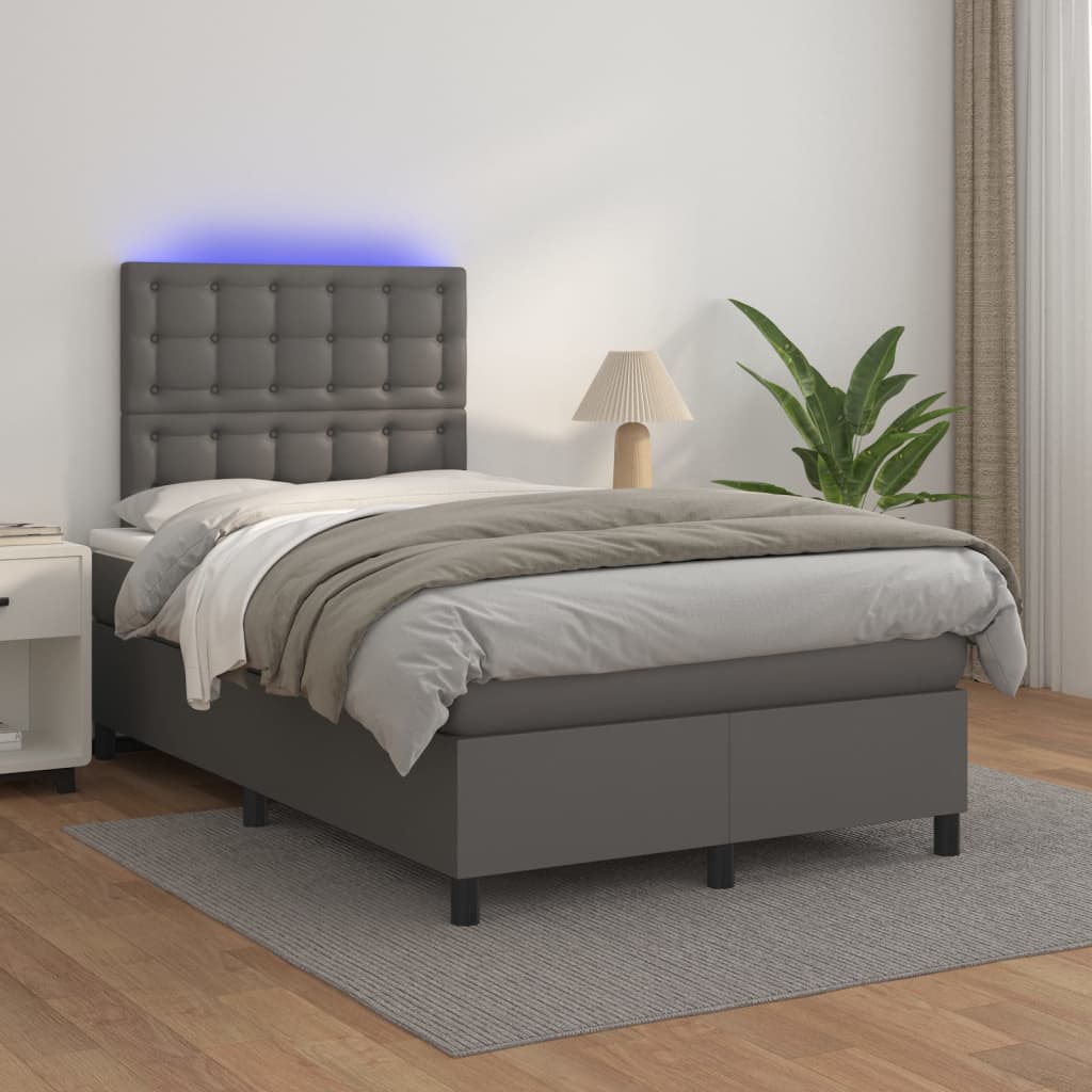 Boxspring met matras en LED kunstleer grijs 120x200 cm – afbeelding 1
