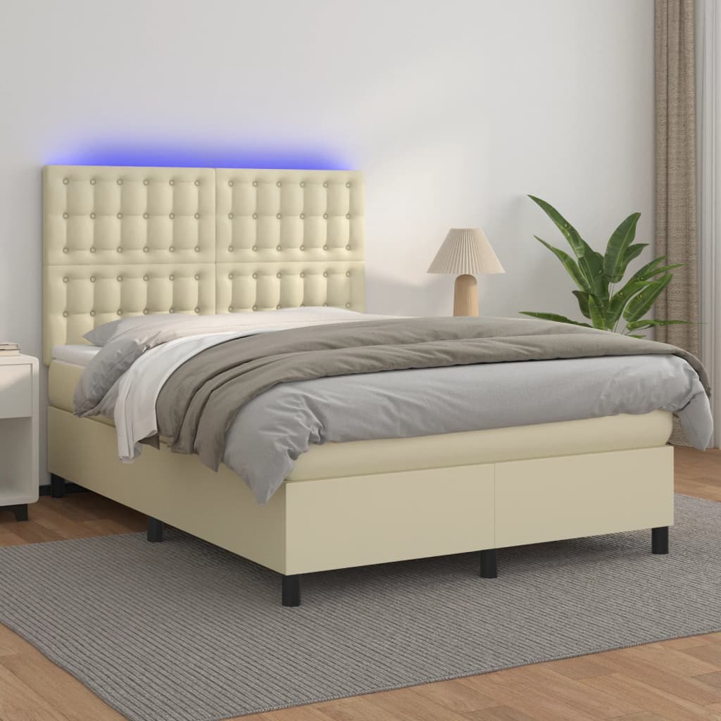 Boxspring met matras en LED kunstleer crèmekleurig 140x190 cm – afbeelding 1