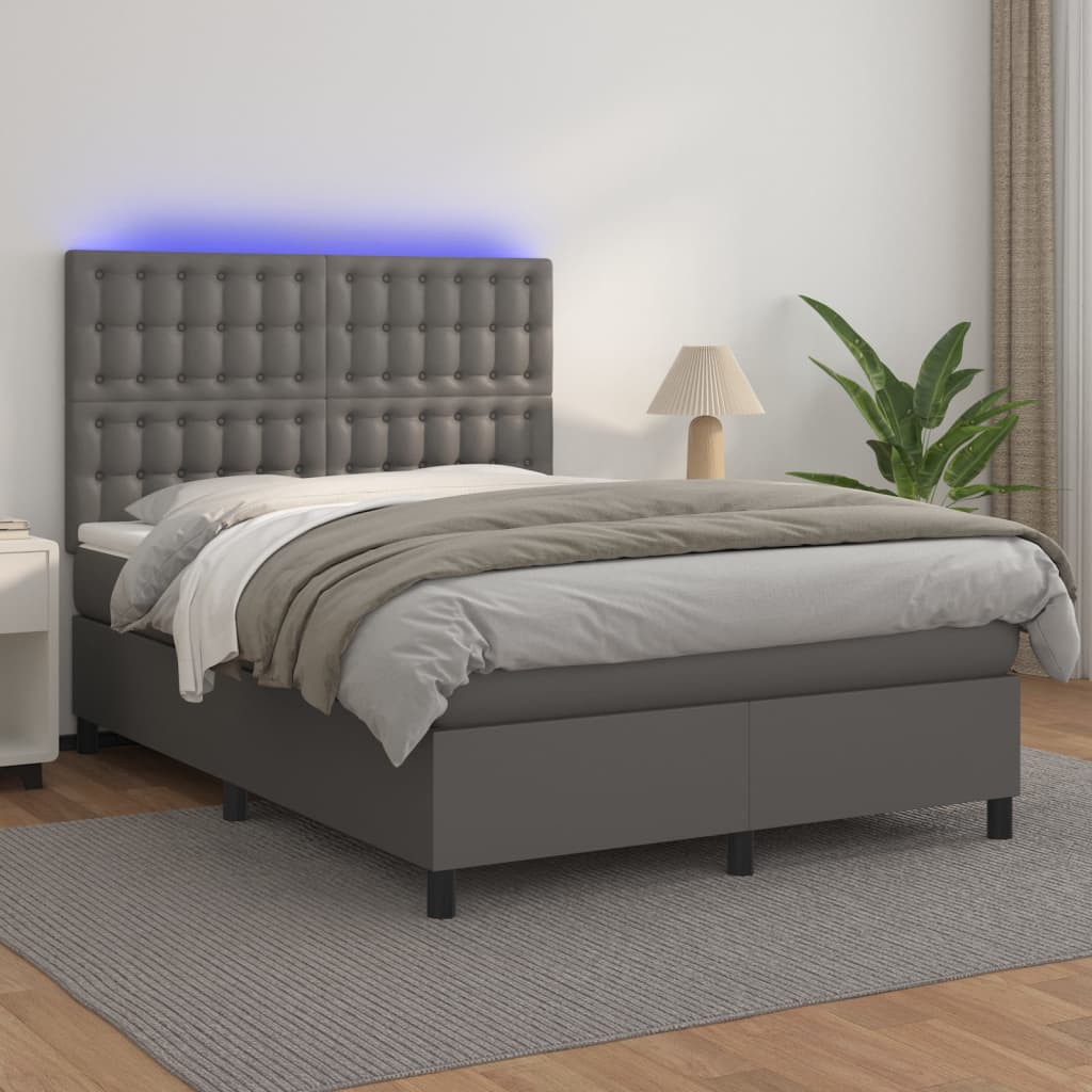 Boxspring met matras en LED kunstleer grijs 140x200 cm – afbeelding 1