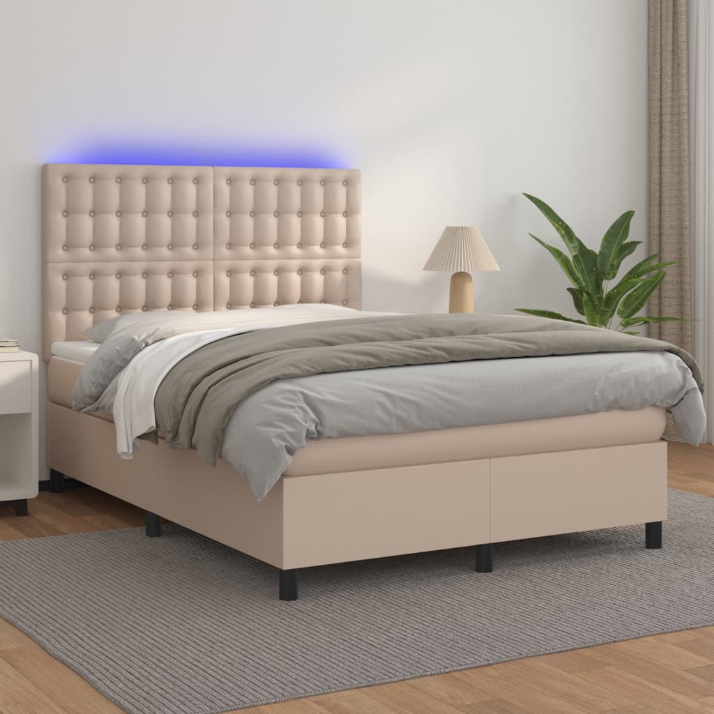 Boxspring met matras en LED kunstleer cappuccinokleur 140x200cm – afbeelding 1