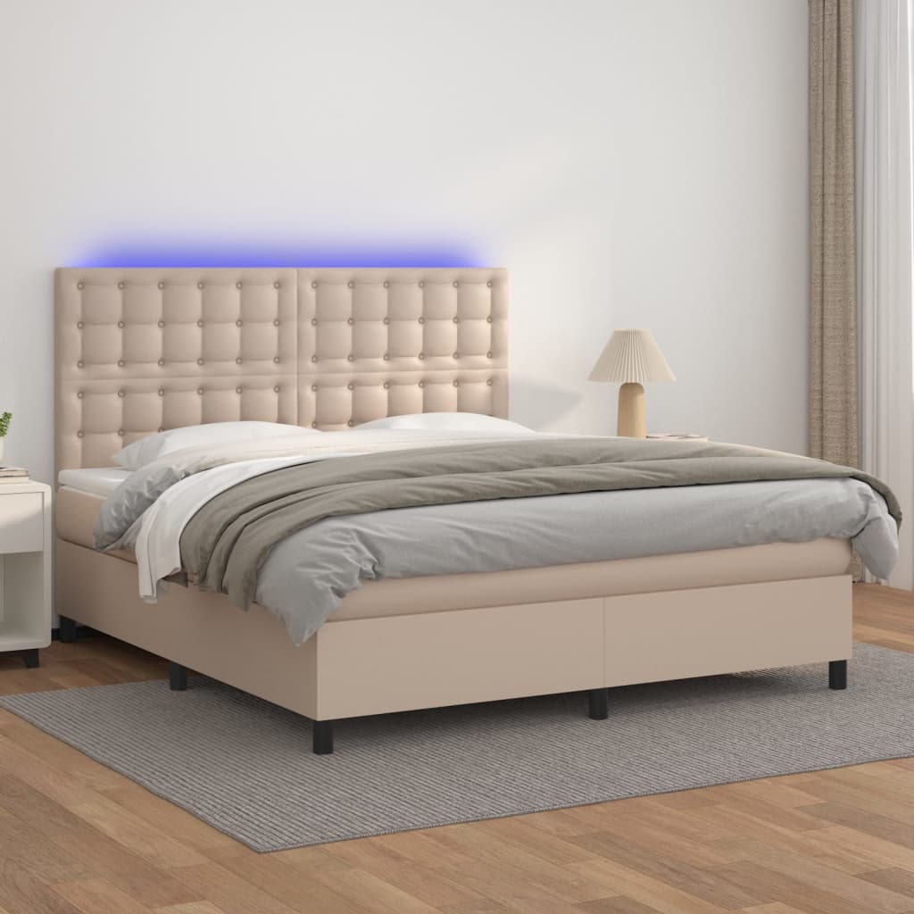 Boxspring met matras en LED kunstleer cappuccinokleur 160x200cm – afbeelding 1