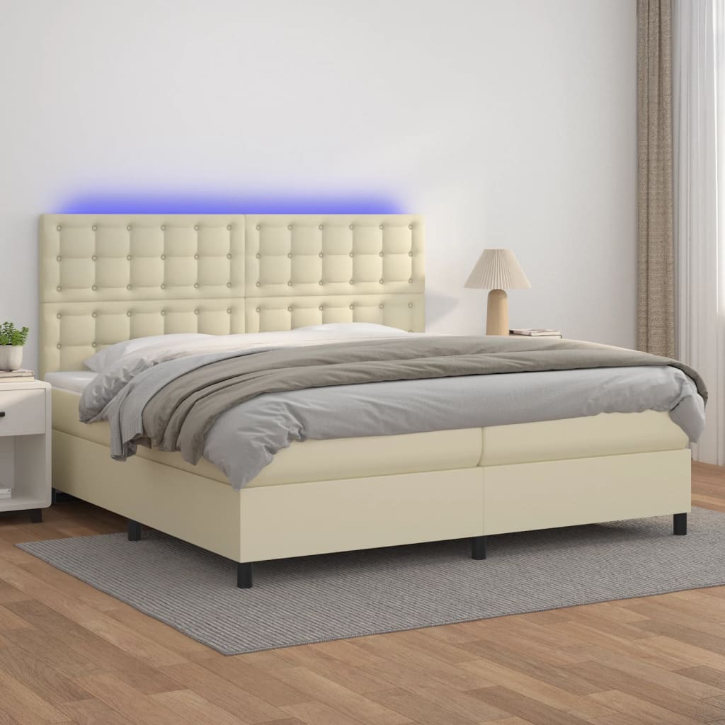 Boxspring met matras en LED kunstleer crèmekleurig 200x200 cm – afbeelding 1