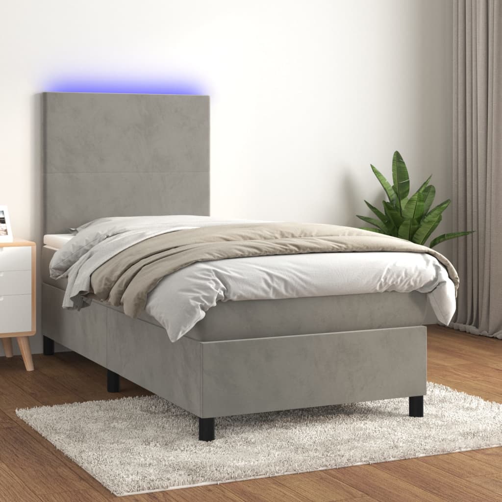 Boxspring met matras en LED fluweel lichtgrijs 90x190 cm – afbeelding 1