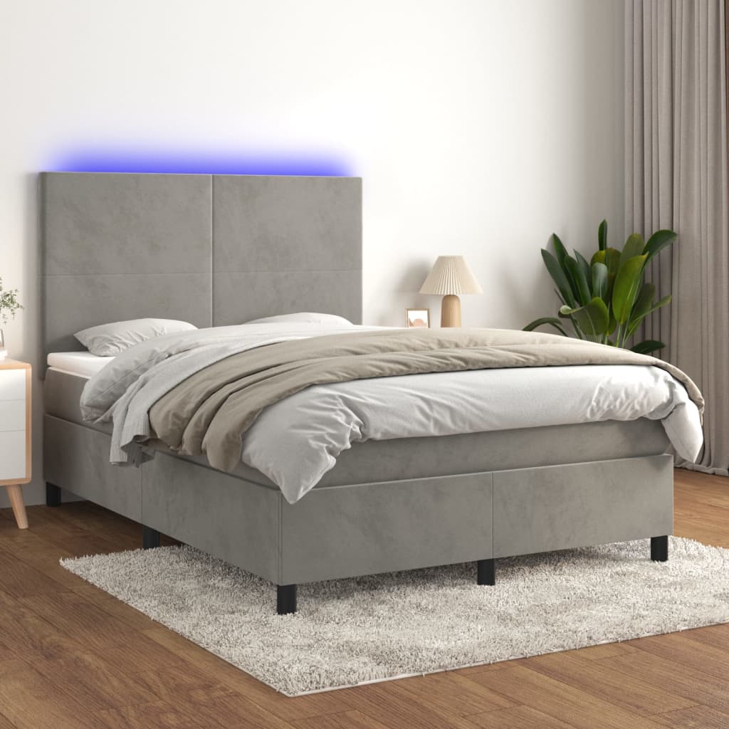 Boxspring met matras en LED fluweel lichtgrijs 140x190 cm – afbeelding 1