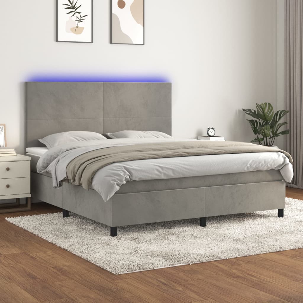 Boxspring met matras en LED fluweel lichtgrijs 160x200 cm – afbeelding 1