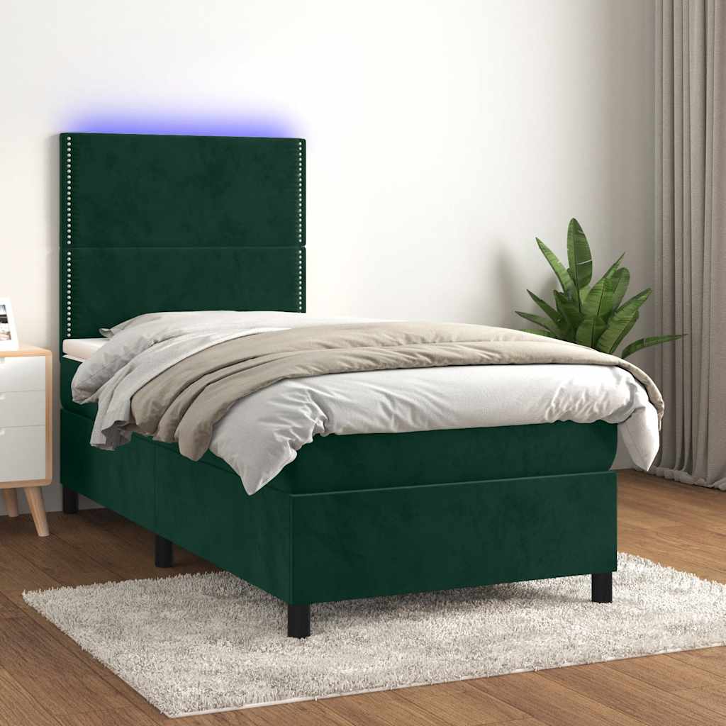 Boxspring met matras en LED fluweel donkergroen 90x200 cm – afbeelding 1