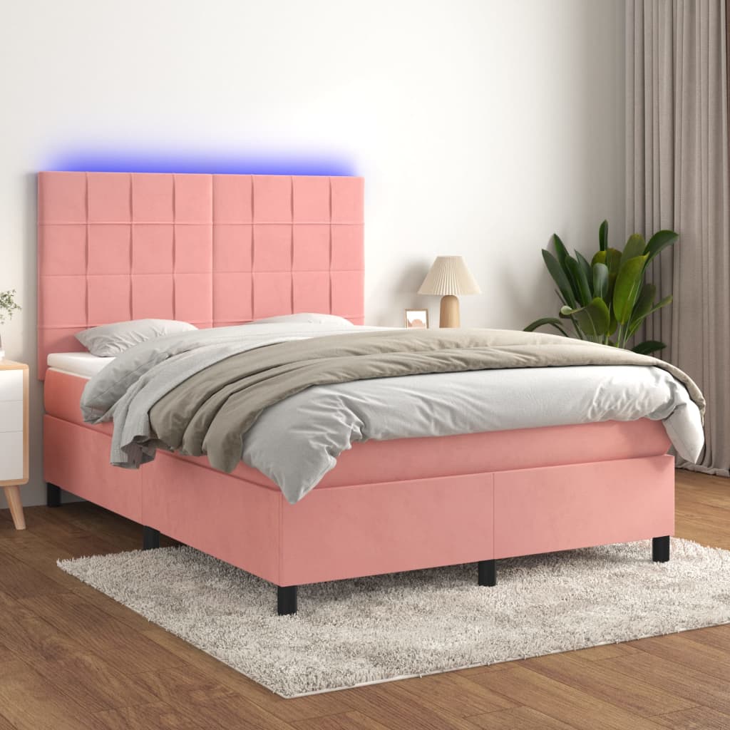 Boxspring met matras en LED fluweel roze 140x190 cm – afbeelding 1