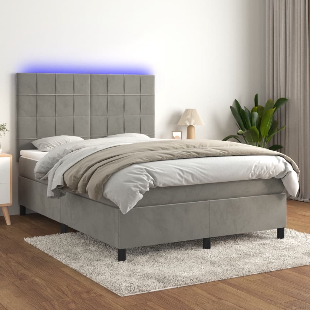 Boxspring met matras en LED fluweel lichtgrijs 140x200 cm – afbeelding 1