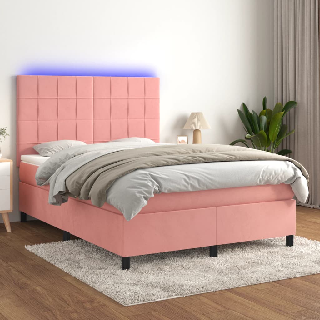 Boxspring met matras en LED fluweel roze 140x200 cm – afbeelding 1