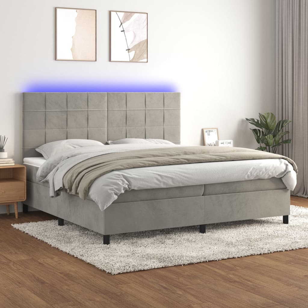 Boxspring met matras en LED fluweel lichtgrijs 200x200 cm – afbeelding 1