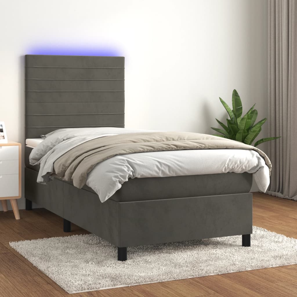 Boxspring met matras en LED fluweel donkergrijs 90x190 cm – afbeelding 1
