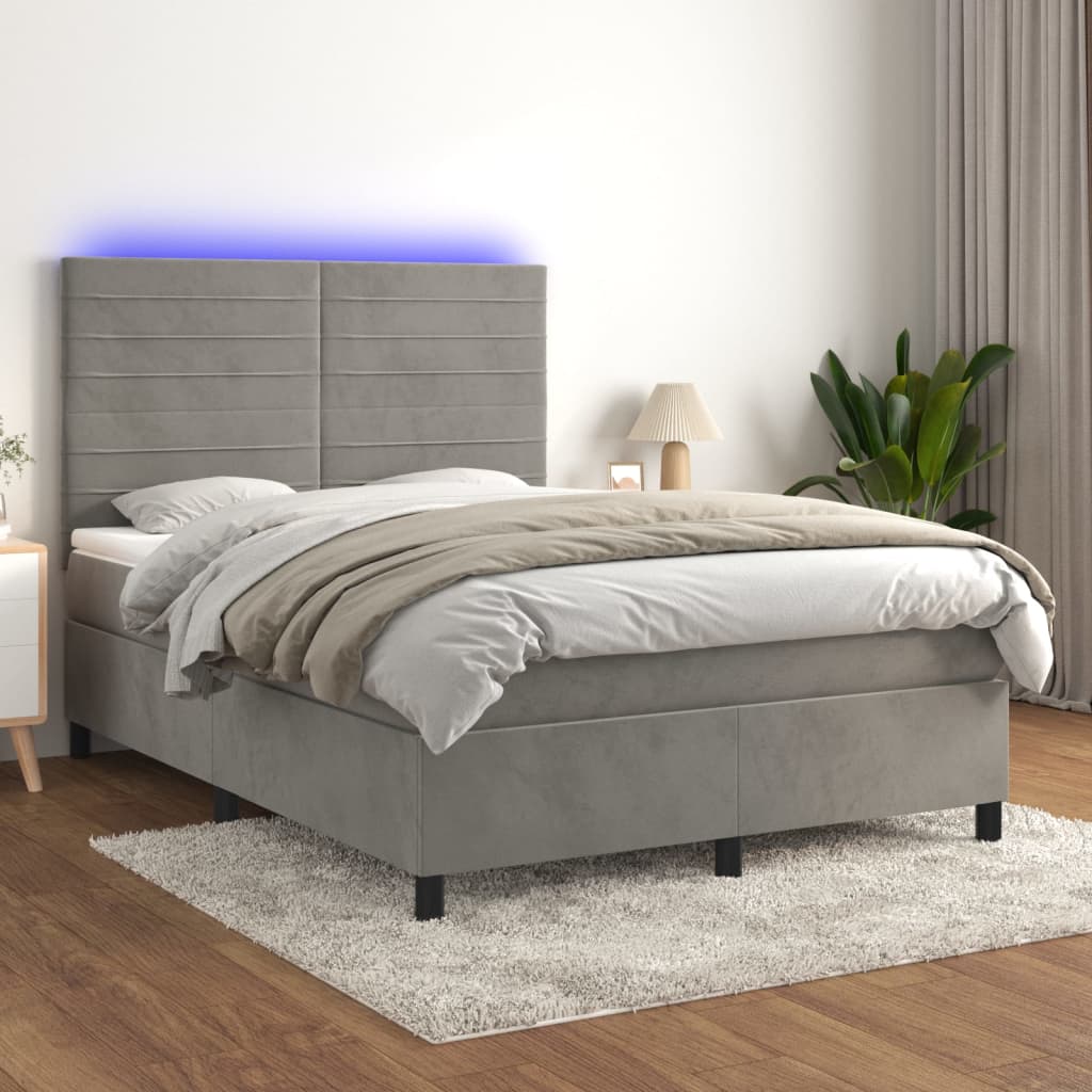 Boxspring met matras en LED fluweel lichtgrijs 140x190 cm – afbeelding 1