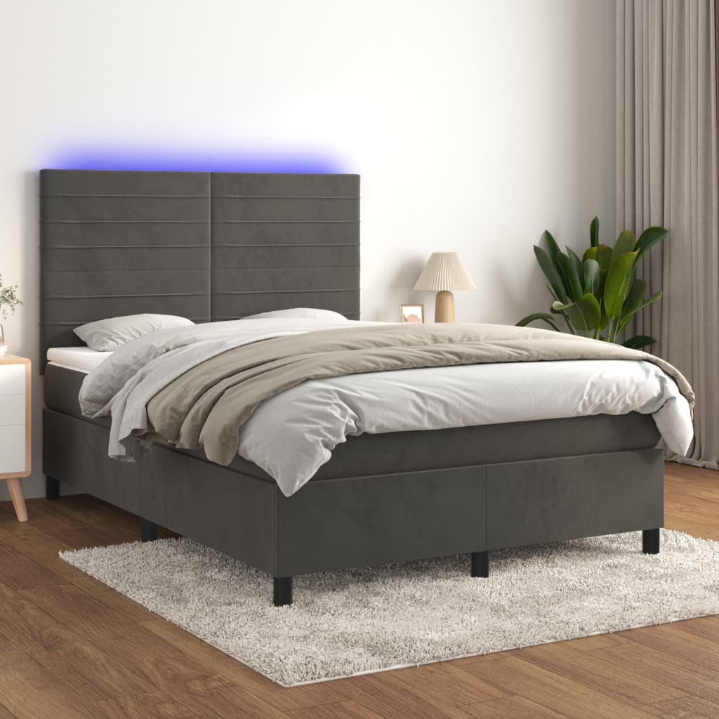 Boxspring met matras en LED fluweel donkergrijs 140x200 cm – afbeelding 1