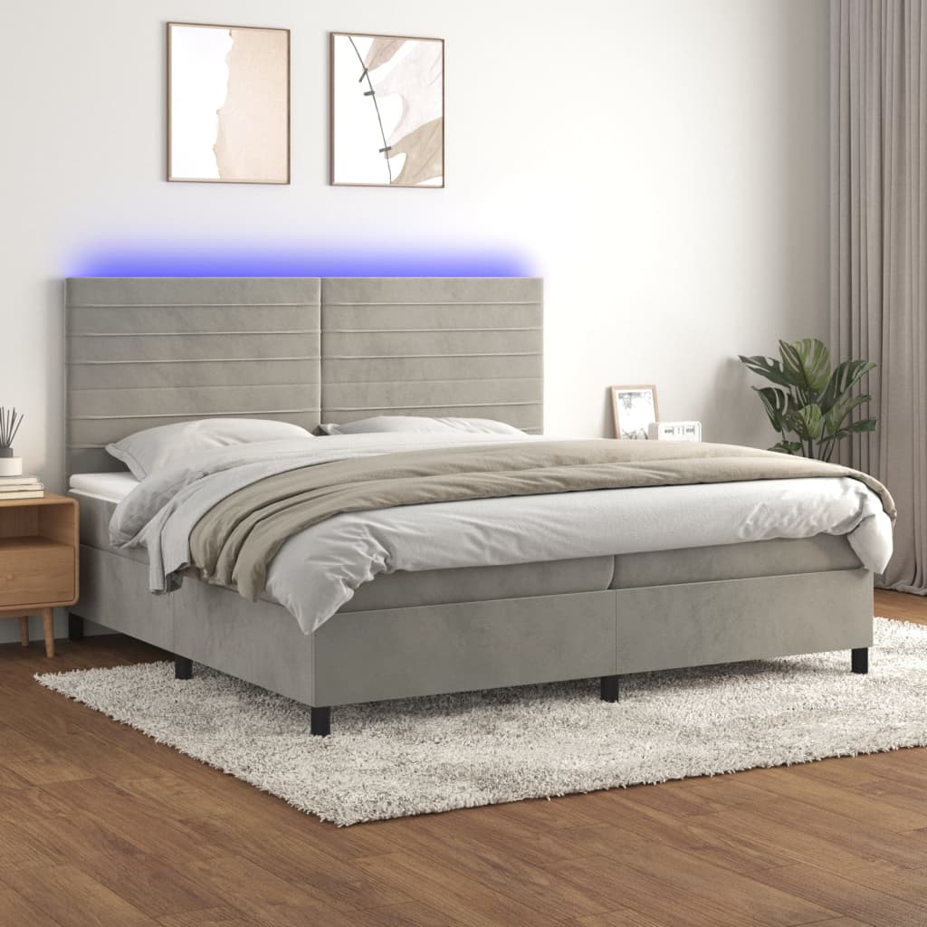 Boxspring met matras en LED fluweel lichtgrijs 200x200 cm – afbeelding 1