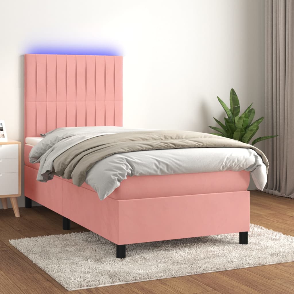 Boxspring met matras en LED fluweel roze 90x200 cm – afbeelding 1