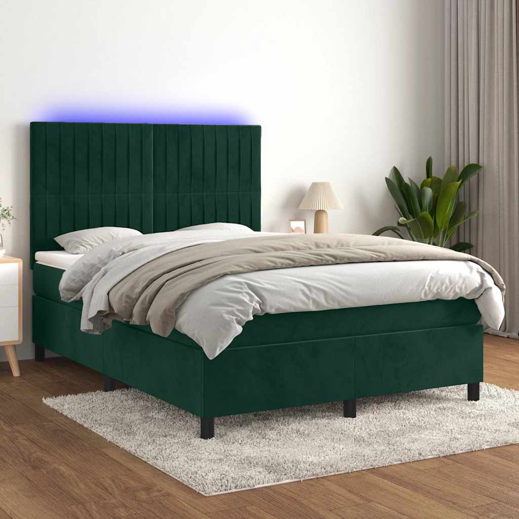 Boxspring met matras en LED fluweel donkergroen 140x190 cm – afbeelding 1