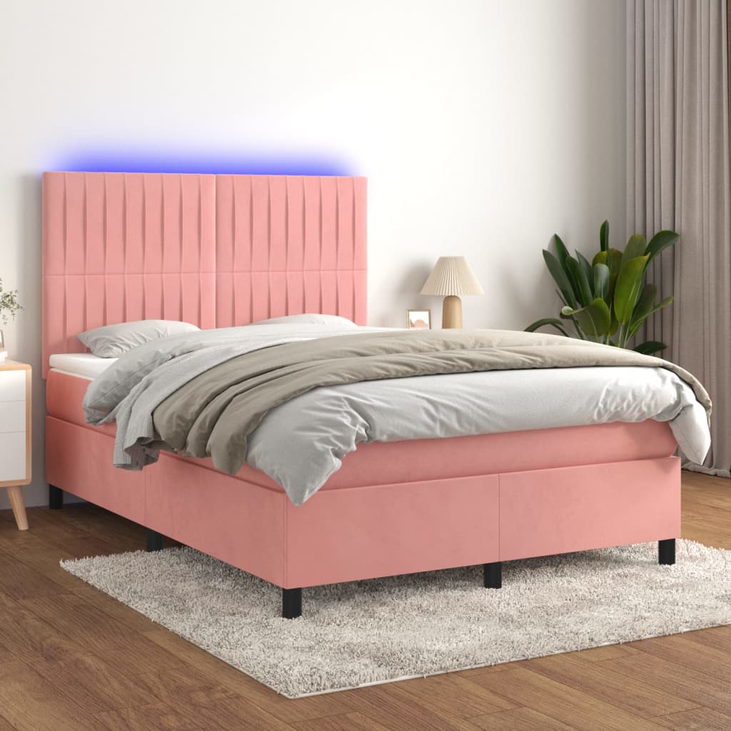 Boxspring met matras en LED fluweel roze 140x190 cm – afbeelding 1