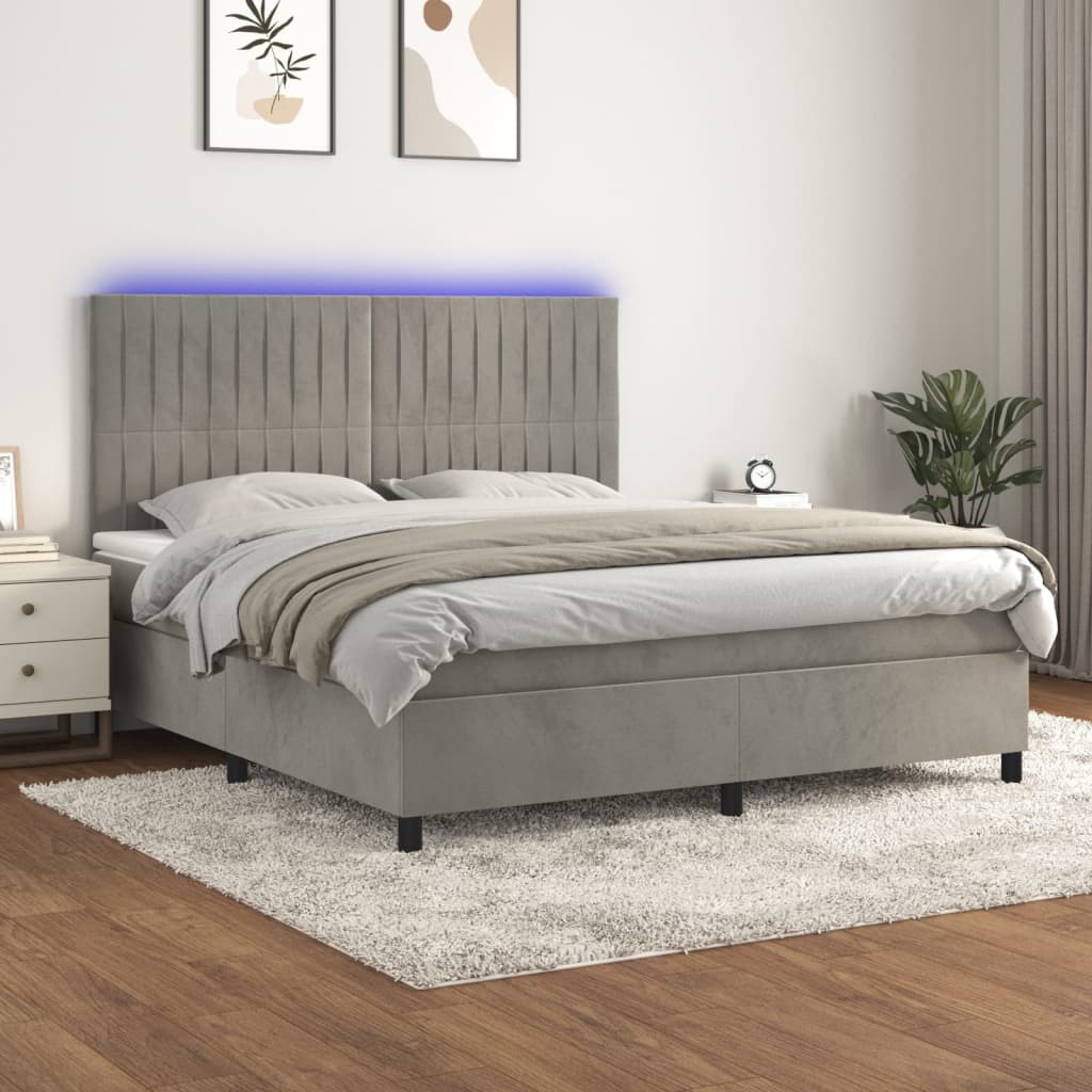 Boxspring met matras en LED fluweel lichtgrijs 160x200 cm – afbeelding 1