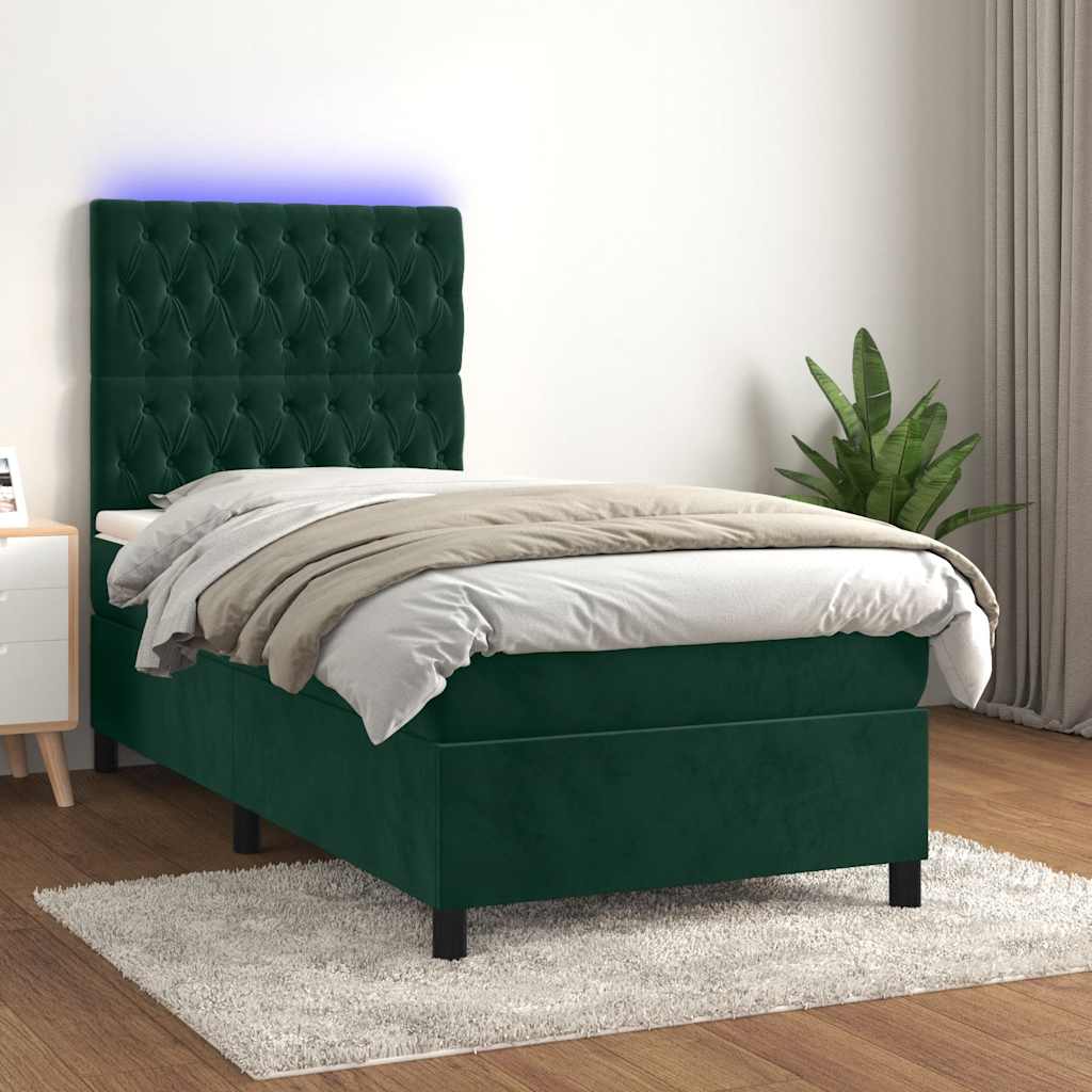 Boxspring met matras en LED fluweel donkergroen 90x200 cm – afbeelding 1