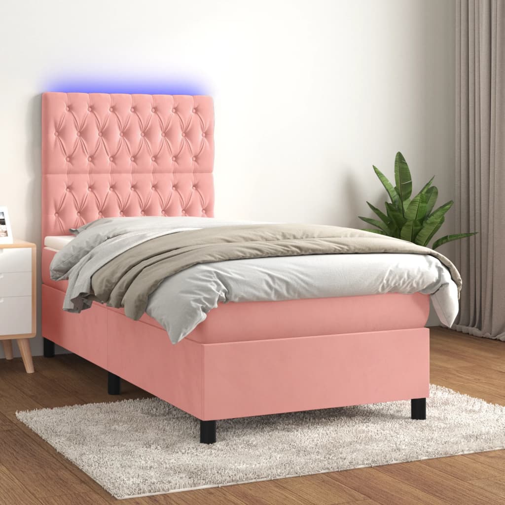 Boxspring met matras en LED fluweel roze 90x200 cm – afbeelding 1
