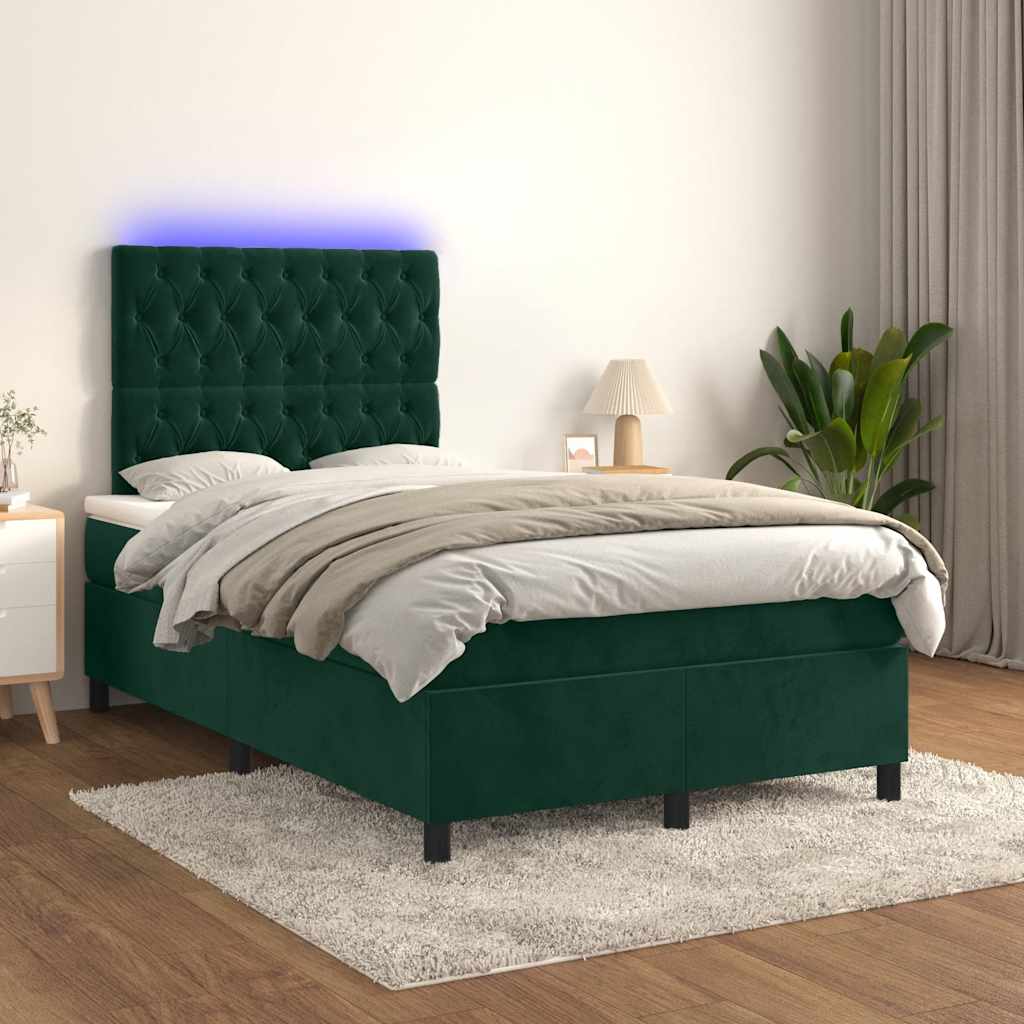 Boxspring met matras en LED fluweel donkergroen 120x200 cm – afbeelding 1