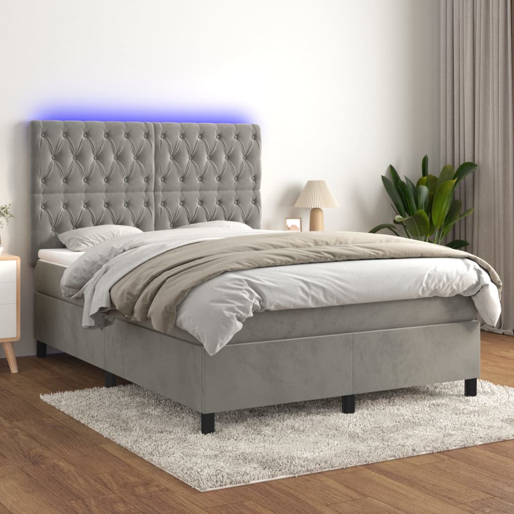 Boxspring met matras en LED fluweel lichtgrijs 140x190 cm – afbeelding 1