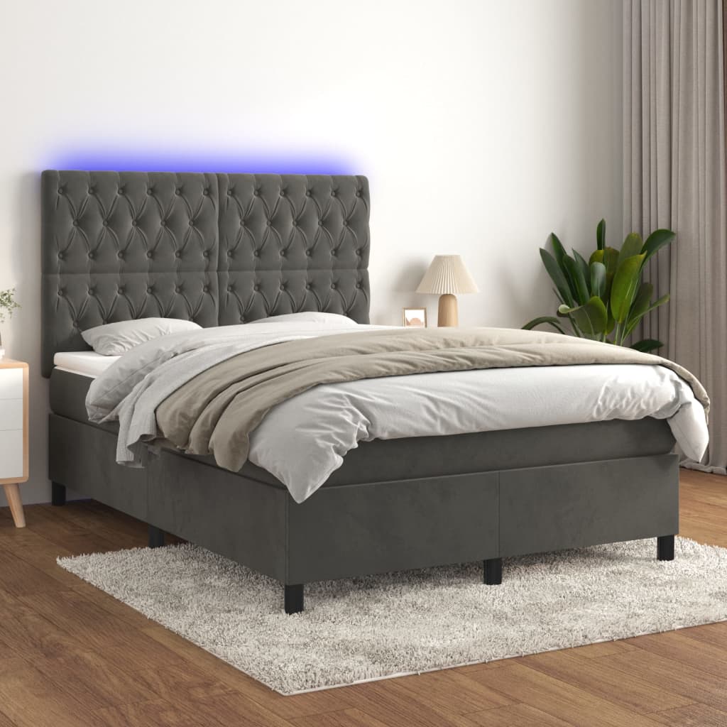 Boxspring met matras en LED fluweel donkergrijs 140x190 cm – afbeelding 1